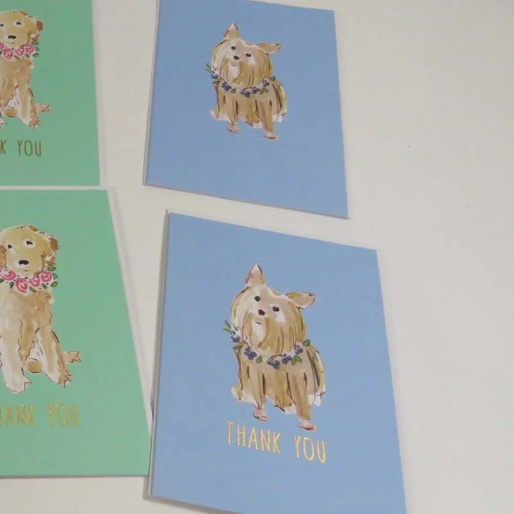 Pastel Dog (8) Note Cards THANK YOU Gold Blank inside Puppy